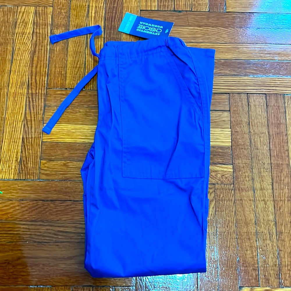 Royal blue Cherokee XXS petite Comfortwear scrub pants with flare.